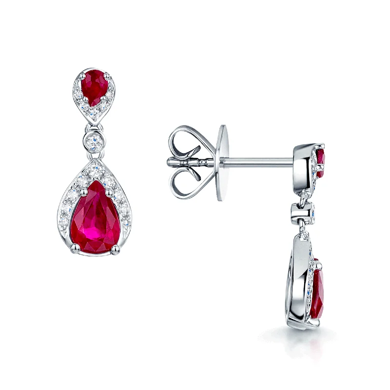 Retro Style Earrings For Women-18ct White Gold Ruby And Diamond Drop Earrings