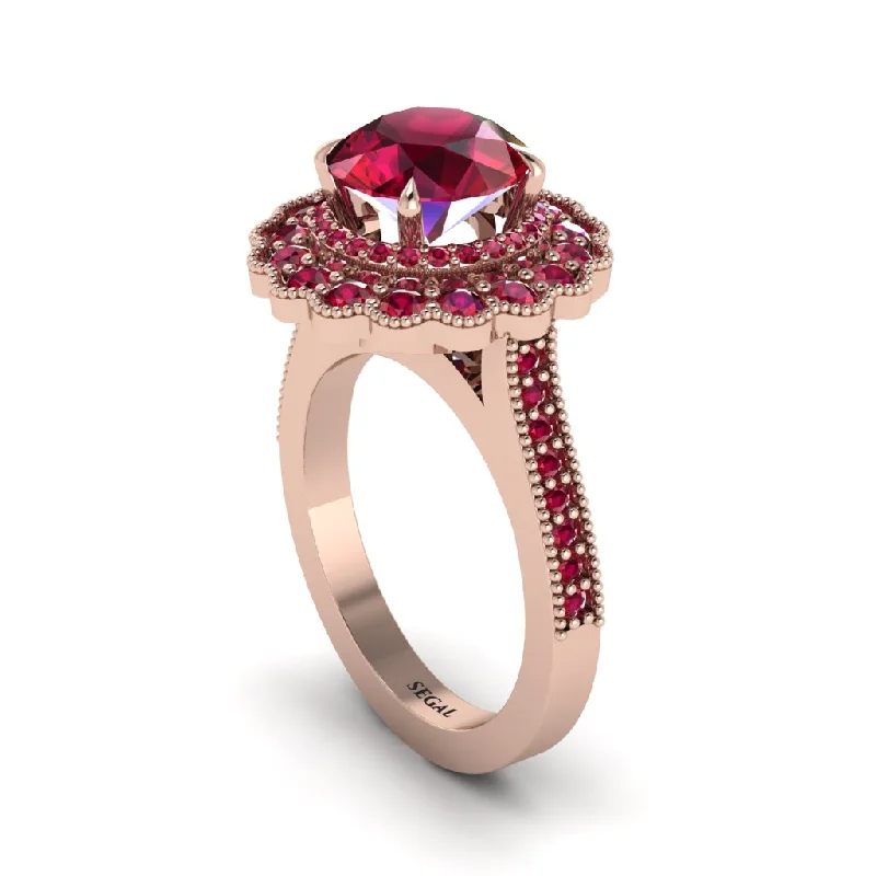 Custom Rose Gold Rings For Bridesmaids-Ruby Double Halo Cathedral Engagement Ring - Deirdre No. 56