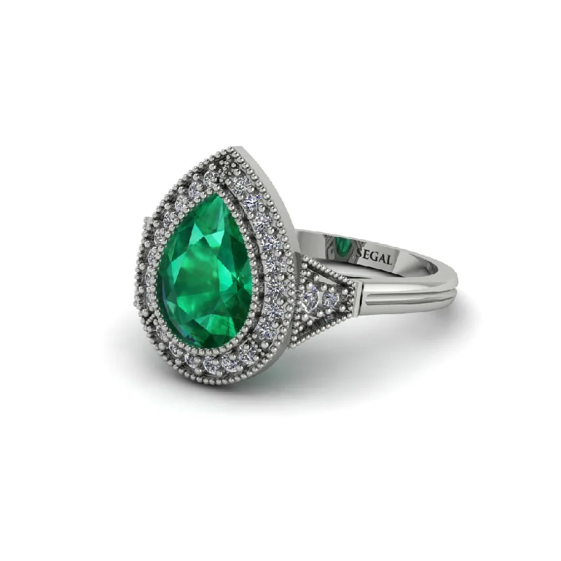 Elegant Emerald Rings For Wedding Bands-Pear Cut Emerald Milgrain Halo Engagement Ring - Daleyza No. 6