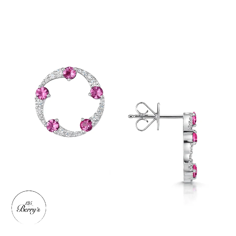 Minimalist Earrings For Chic Style-OPEIA Collection 18ct White Gold Pink Sapphire And Diamond Fancy Circle Stud Earrings