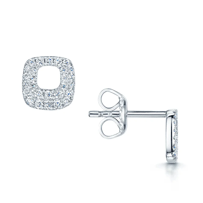 Silver Drop Earrings For Wedding Guests-18ct White Gold Diamond Set Rounded Square Stud Earrings