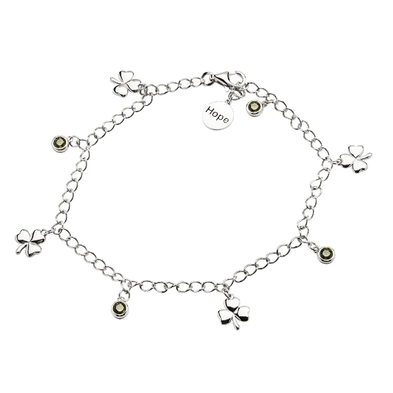 Artistic Bracelets For Teens-Sterling Silver "Hope" Shamrock Bracelet with Four Peridot Stones SB2108