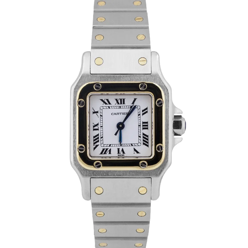 Luxury Watches With Sapphire Crystals-Ladies Cartier Santos IVORY ROMAN 18K Gold Stainless AUTOMATIC 24mm Watch 0902