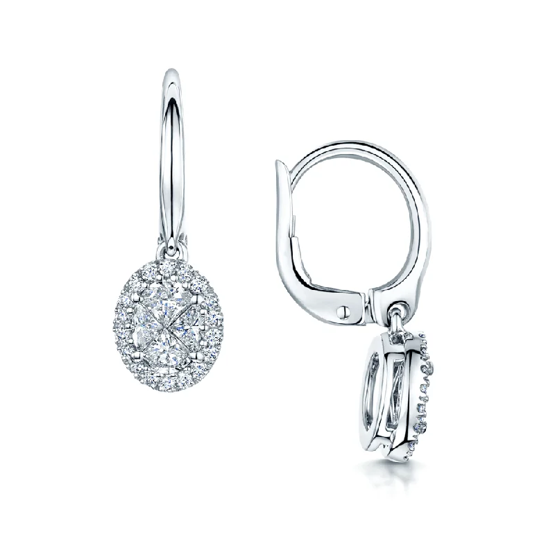 Gold Earrings With Clear Crystals-18ct White Gold Oval Shaped Diamond Drop Earrings