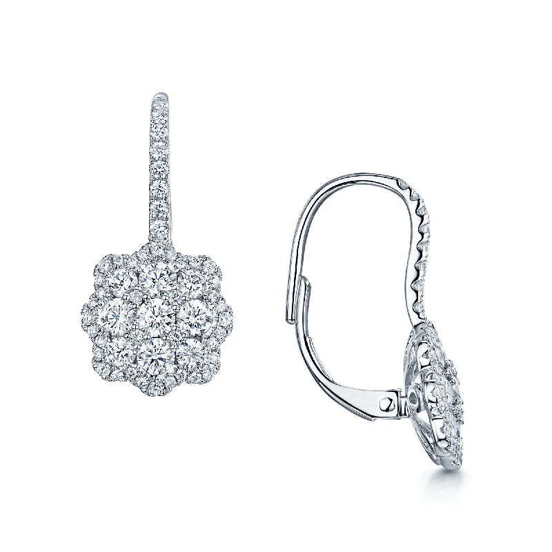 Sparkling Crystal Earrings For Glam Look-18ct White Gold Diamond Flower Cluster Drop Earrings