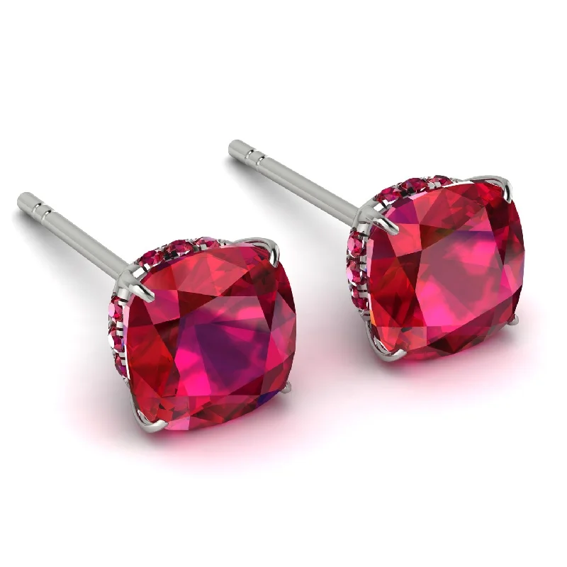 Beautiful Gold Drop Earrings For Brides-Hidden Halo Cushion Ruby Earrings - Alivia No. 57