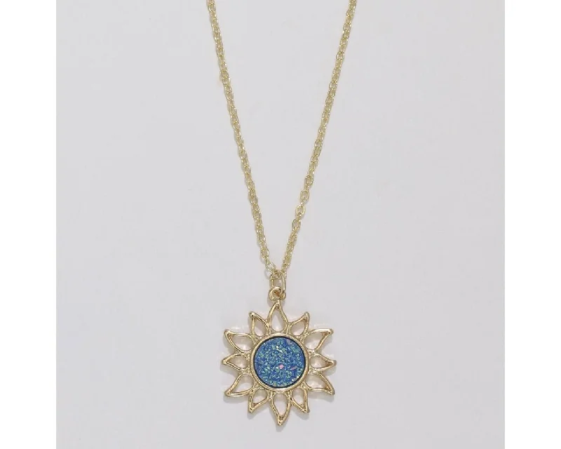 Classic Sapphire Necklace For Weddings-Periwinkle by Barlow : Gold Sun with glittering Blue Druzy - Necklace