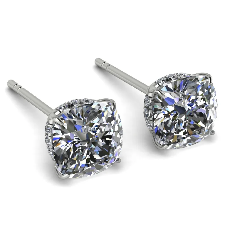 Cute Earrings With Natural Stones-Hidden Halo Cushion Diamond Earrings - Alivia No. 3