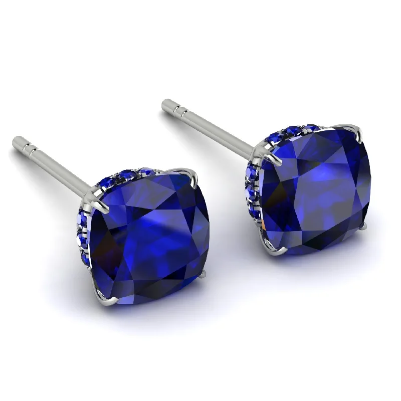 Silver Drop Earrings For Weddings-Hidden Halo Cushion Sapphire Earrings - Alivia No. 75