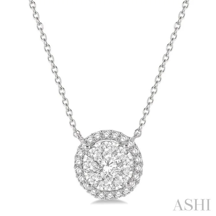 Classic Gold Necklace For Cocktail Parties-3/4 ctw Circular Round Cut Diamond Lovebright Necklace in 14K White Gold