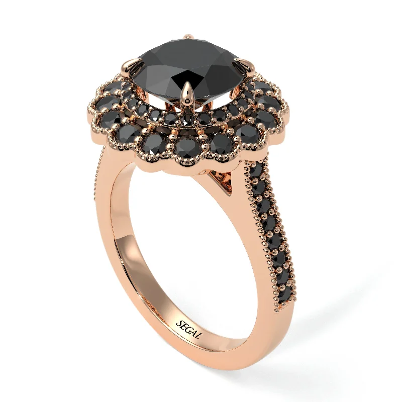 Sparkling Gold Rings For Engagement Gifts-Black Diamond Double Halo Cathedral Engagement Ring - Deirdre No. 38