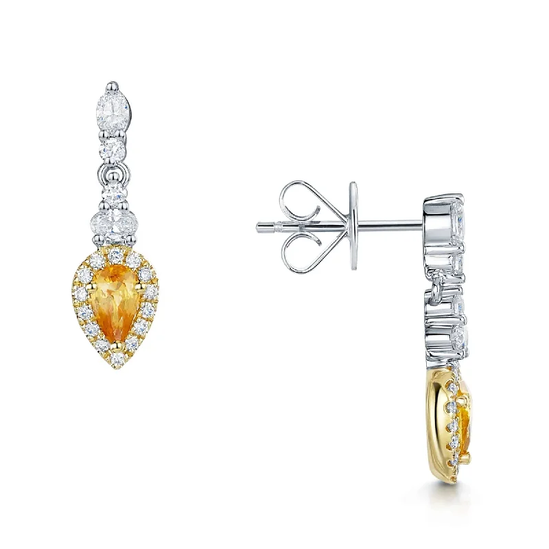 Teardrop Earrings For Bridesmaids-18ct White & Yellow Gold Pear Cut Yellow Sapphire Diamond Halo Drop Earrings