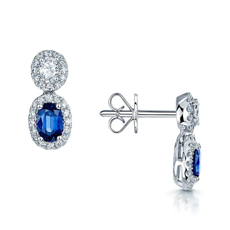 Fashionable Earrings For Teens-18ct White Gold Oval Diamond & Sapphire Double Drop Earrings