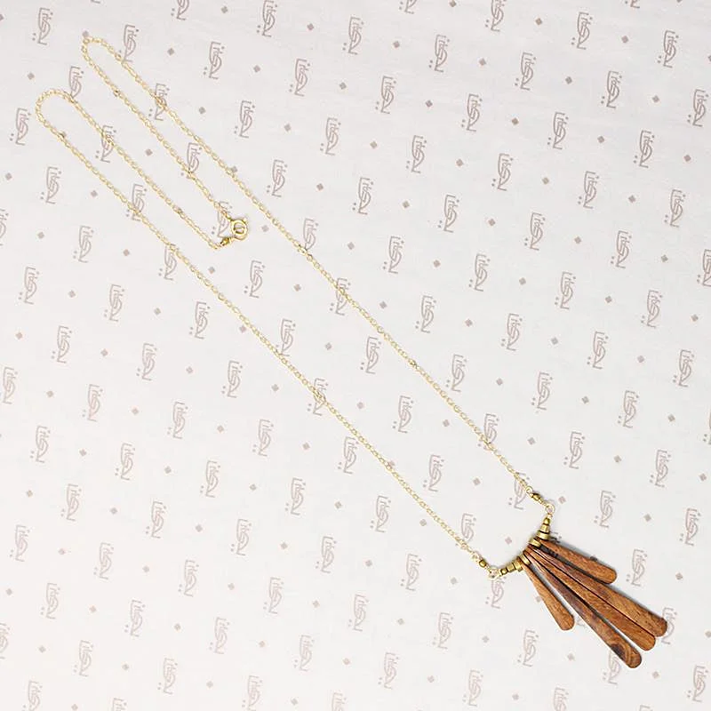 Custom Heart Pendant Necklace For Wedding-Warm Wood & Brass Fringe Necklace by Brin