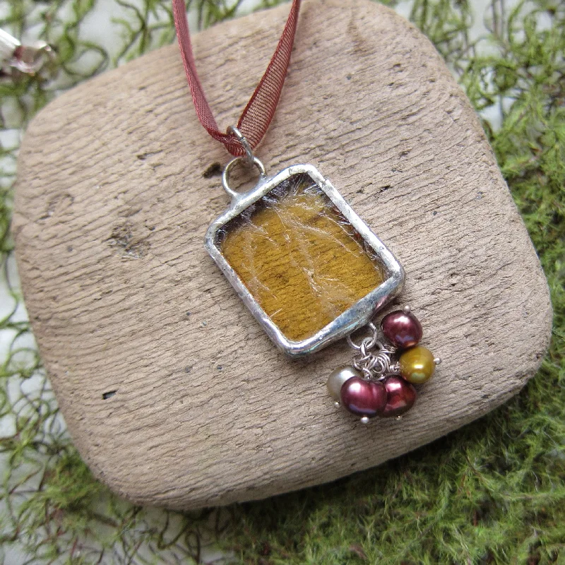 Colorful Gemstone Pendant Necklace-Yellow Stained Glass Necklace with Freshwater Pearls