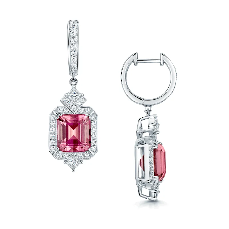 Adjustable Hoop Earrings For Comfort-18ct White Gold Emerald Cut Pink Tourmaline And Diamond Halo Drop Earrings