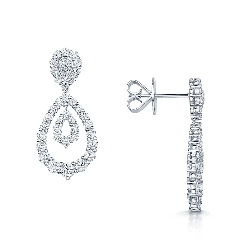 Elegant Chandelier Earrings-18ct White Gold Round Brilliant Cut Diamond Open Pear Shape Double Loop Drop Earrings