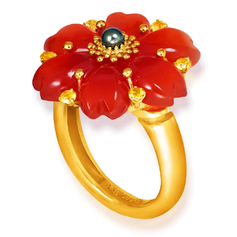 Simple Gemstone Rings For Fashionistas-Gold Blossom Ring with Carnelian & Sapphire