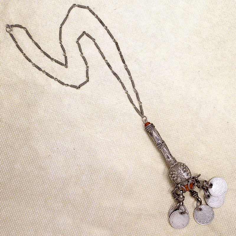 Long Boho Necklace For Casual Wear-Silver Tribal Necklace with Copal and Coins