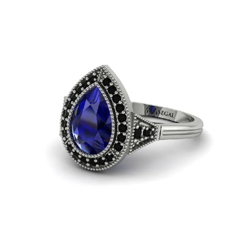 Classic Wedding Bands For Elegant Brides-Pear Cut Sapphire Milgrain Halo Engagement Ring - Daleyza No. 45