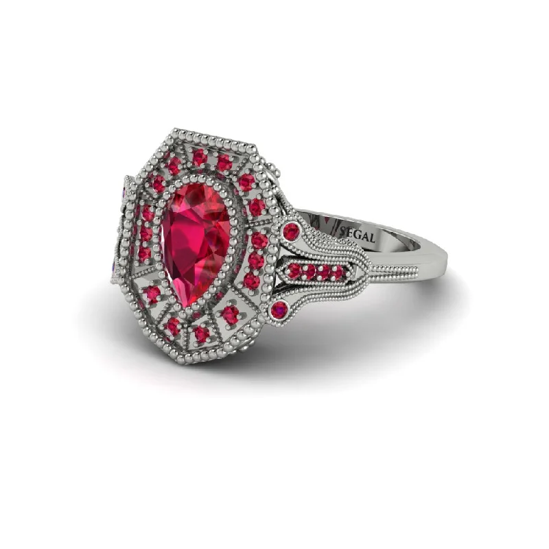 Unique Gemstone Engagement Rings For Brides-Ruby Pear Cut Art Deco Engagement Ring - Rosalind No. 57