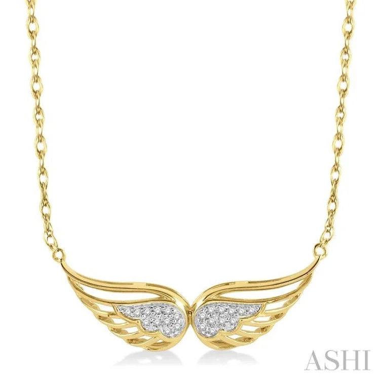 Handmade Gold Necklace For Bridesmaids-1/20 Ctw Angel Wing Round Cut Diamond Necklace in 10K Yellow Gold