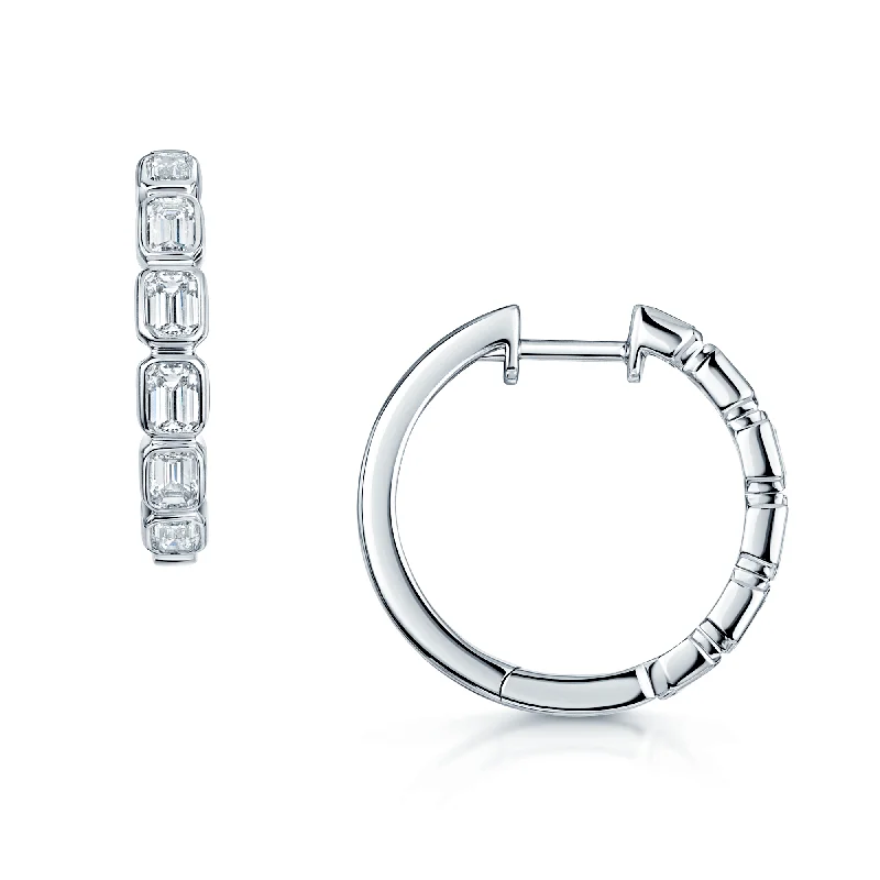 Statement Earrings With Multi-Colored Stones-18ct White Gold Emerald Cut Diamond Rub Over Hoop Earrings