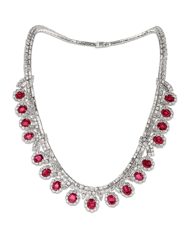 Sparkling Diamond Necklace For Evening-Untreated Burma Ruby Necklace, 28.98 Carats