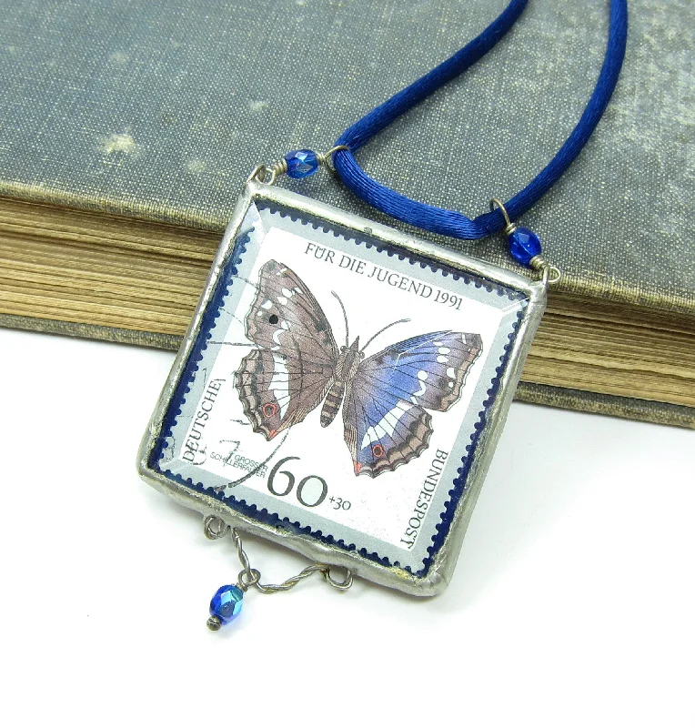 Gold Heart Necklace For Romantic Gifts-Blue Butterfly Necklace with German Postage Stamp Soldered Pendant