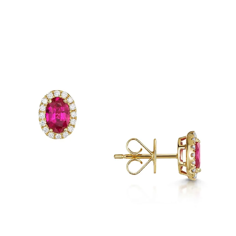 Chic Feather Earrings-18ct Yellow Gold Oval Ruby And Diamond Halo Stud Earrings