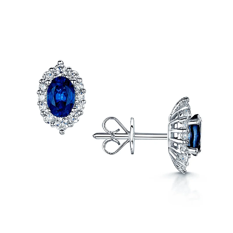 Elegant Diamond Stud Earrings-18ct White Gold Oval Sapphire And Diamond Halo Stud Earrings