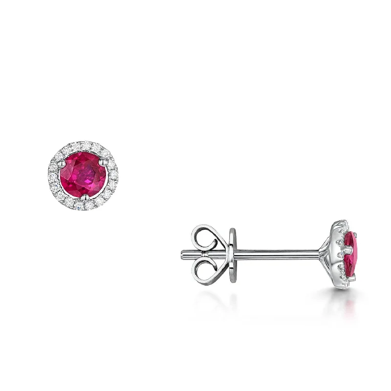 Simple Gemstone Earrings For Office-18ct White Gold Round Ruby And Diamond Cluster Stud Earrings