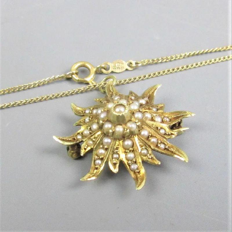 Custom Heart Necklace For Loved Ones-14K Yellow Gold & Seed Pearl Sunburst Pendant Necklace Antique Art Deco c1930