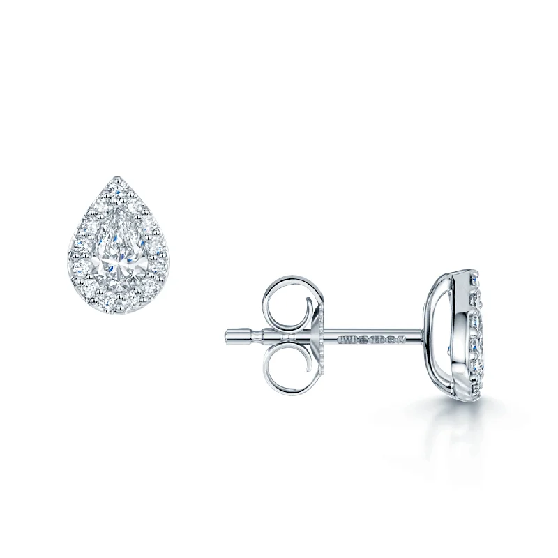 Retro Hoop Earrings For Women-18ct White Gold Pear Cut Diamond 0.40ct Halo Stud Earrings