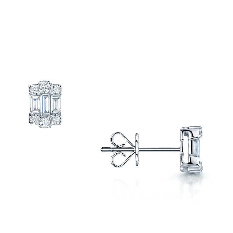 Sparkling Crystal Drop Earrings-18ct White Gold Baguette And Brilliant Cut Diamond Cluster Stud Earrings