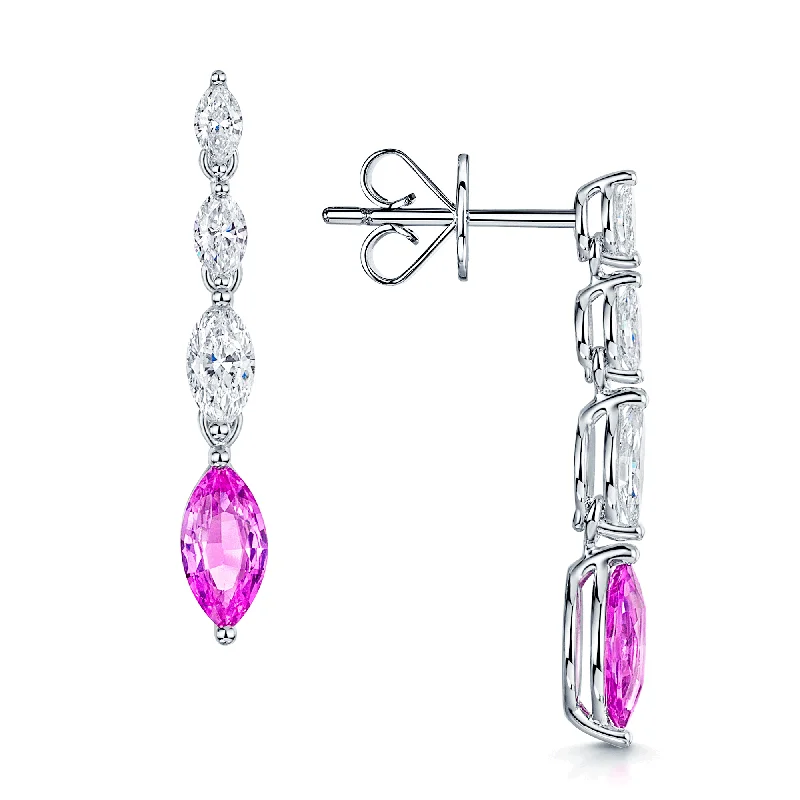 Fine Jewelry Earrings For Special Occasions-18ct White Gold Marquise Cut Pink Sapphire and Diamond Drop Earrings