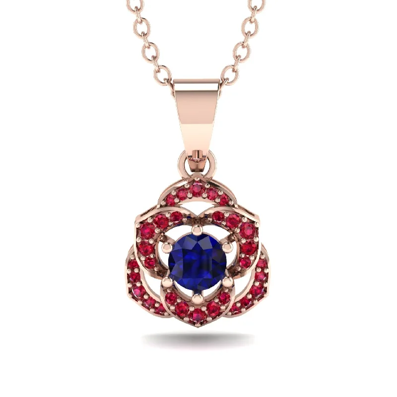 Long Boho Necklace For Casual Wear-Golden Rose Blossom Necklace With Exquisite Ruby Detailing - Reign No. 59