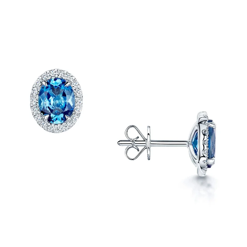 Bold Statement Earrings For Women-18ct White Gold Oval Aquamarine & Diamond Cluster Stud Earrings