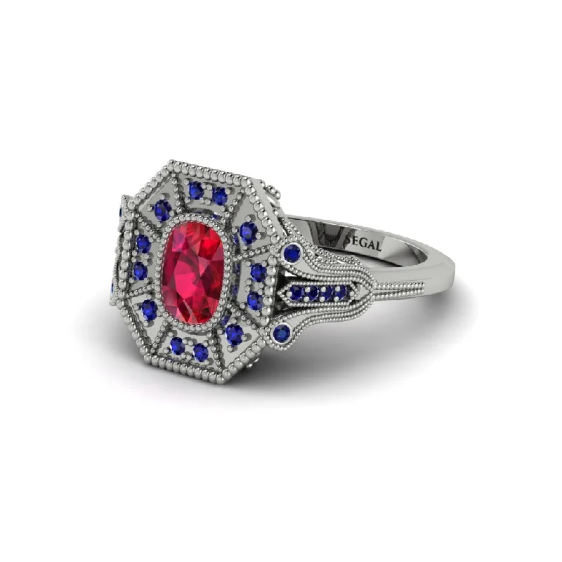 Custom Gemstone Rings For Bridesmaids Gifts-Ruby Cushion Cut Art Deco Engagement Ring - Alicia No. 72