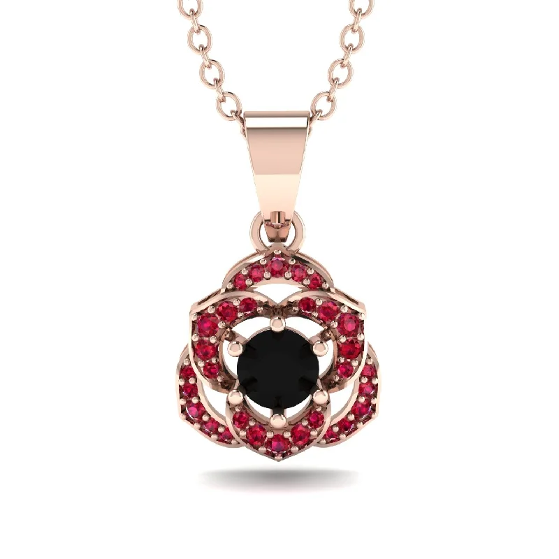 Custom Gemstone Pendant Necklace For Weddings-Golden Rose Blossom Necklace With Exquisite Ruby Detailing - Reign No. 53