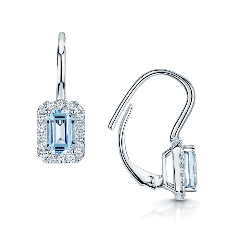 Minimalist Hoop Earrings-18ct White Gold Emerald Cut Aquamarine & Round Brilliant Cut Diamond Halo Earrings