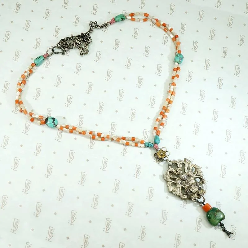 Unique Layered Necklace For Special Occasions-Qing Dynasty Silver Flower Basket Necklace on Beads