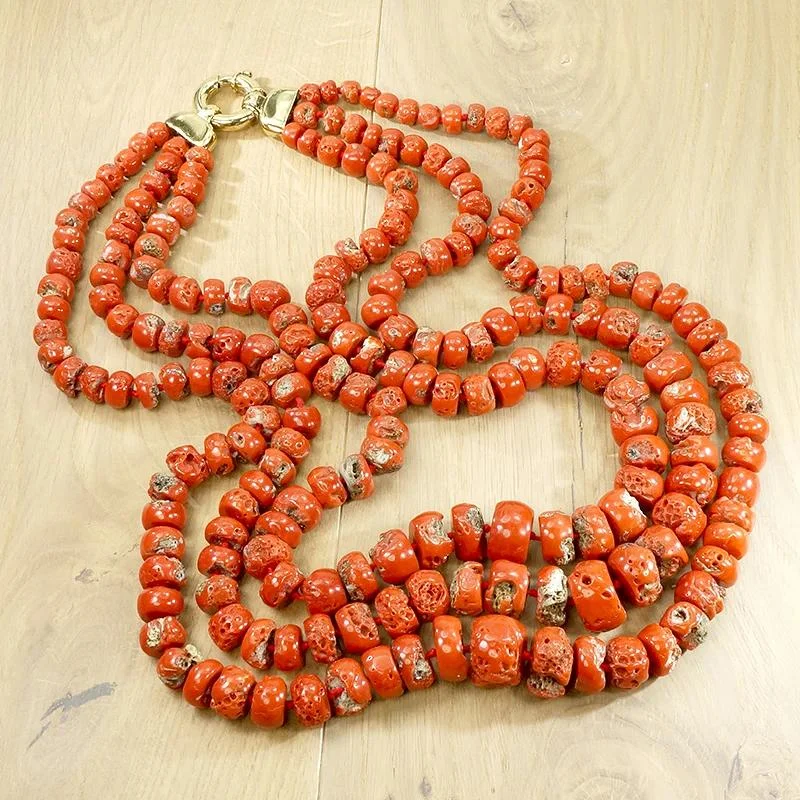 Simple Chain Necklace For Casual Style-Three Strand Red Organic Bead Statement Necklace