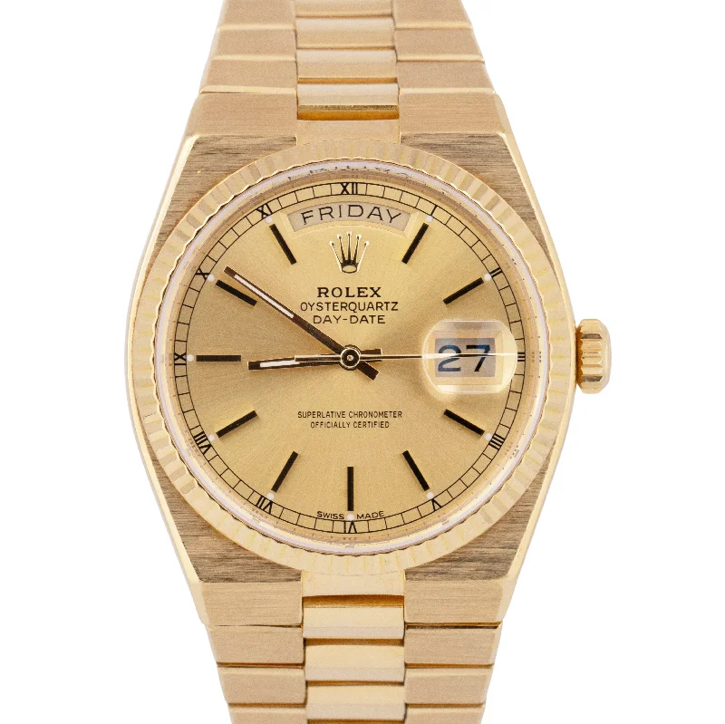 High-End Watches With Mechanical Movements-PAPERS Rolex OysterQuartz Day-Date President Champagne 18K Yellow Gold 19018 BOX