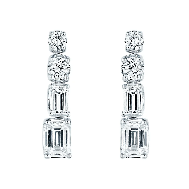 Classic Gold Earrings For Everyday Wear-18ct White Gold Brilliant and Emerald Cut Diamond Drop Earrings