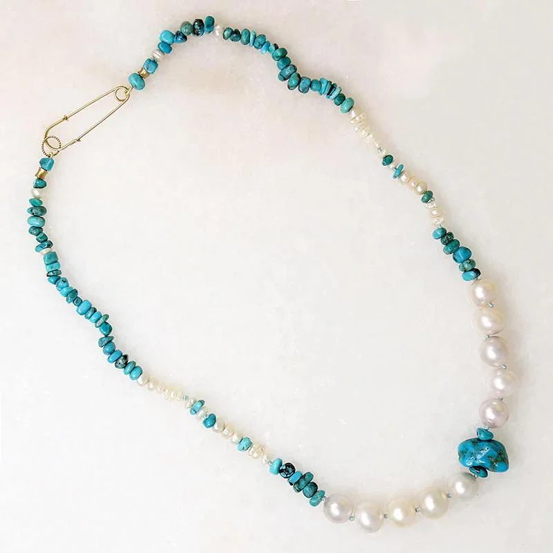 Custom Name Necklace For Fashionable Look-Turquoise & Pearl Necklace with Safety Pin by Ancient Influences