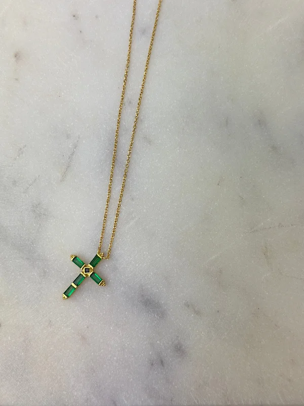 Custom Silver Necklace For Gifts-Necklace - Green Gemstone Cross On Gold Chain