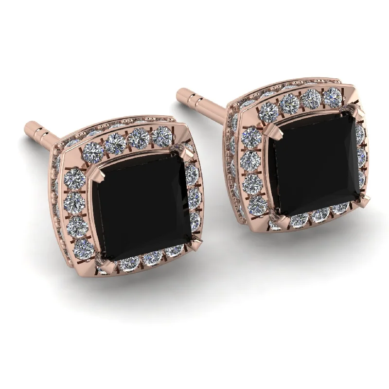 Silver Earrings With Opals-Hidden Halo Princess Black Diamond Earrings - Georgia No. 8