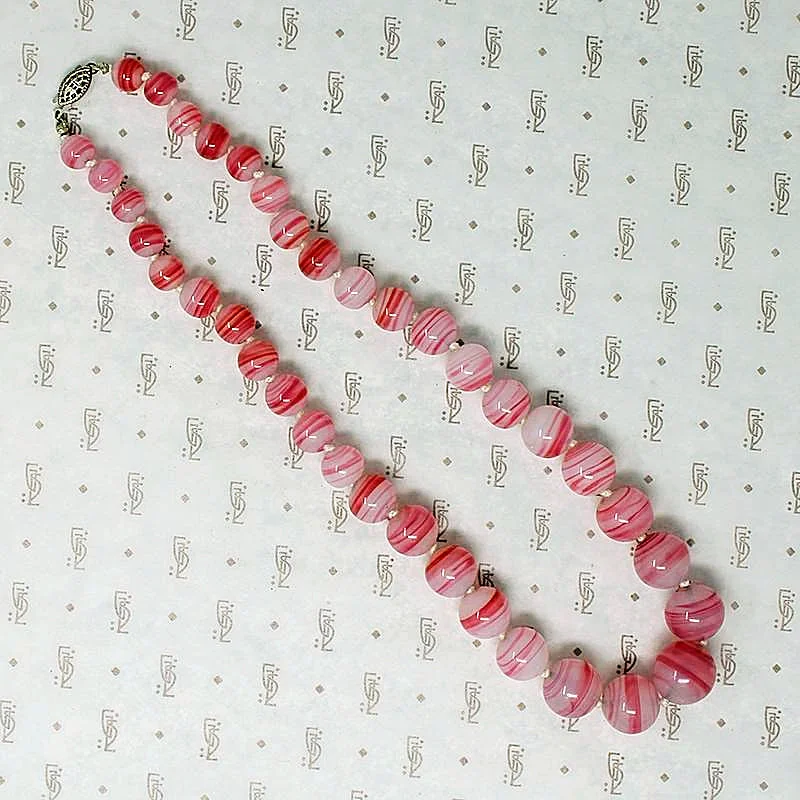 Simple Gemstone Pendant Necklace For Casual Look-Candy Pink Swirl Glass Bead Necklace