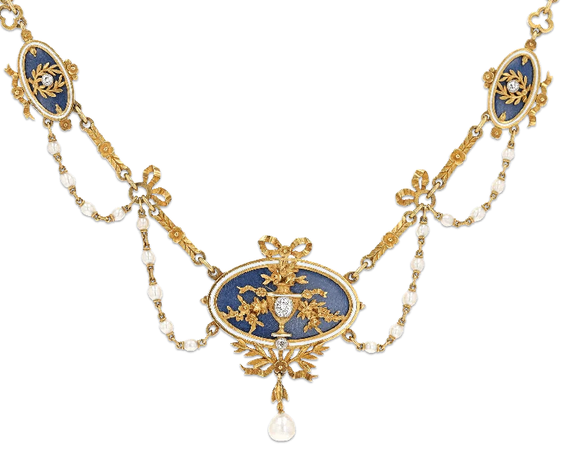 Elegant Heart Necklace For Romantic Look-Art Nouveau Enamel, Diamond and Pearl Necklace